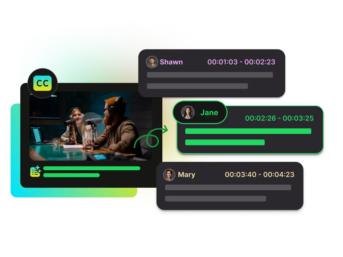 Podcast transcript interface showing speaker diarization with identified names and colored timelines